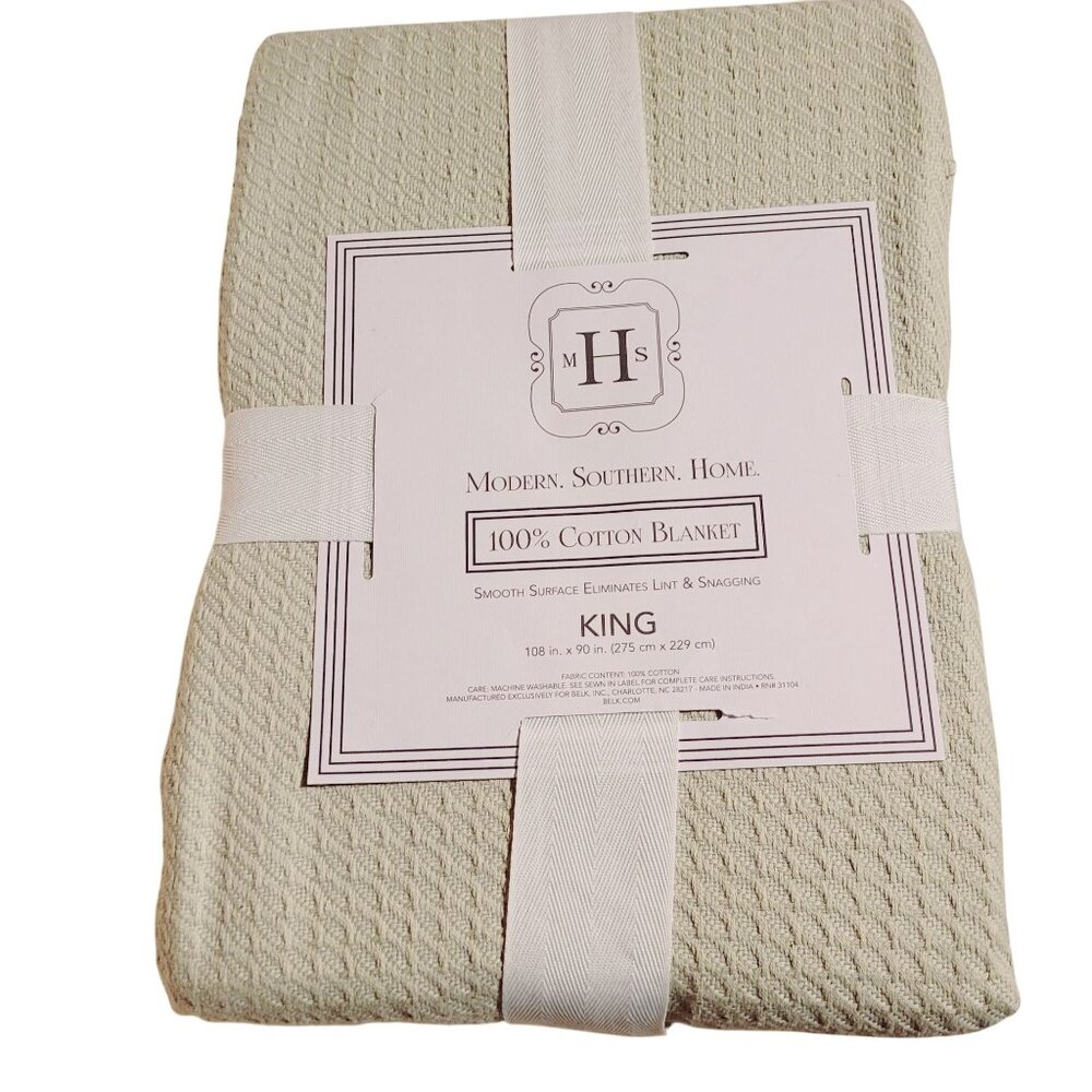 Blanket King Gala Green Herringbone Pattern 100% Cotton Modern Southern Home New